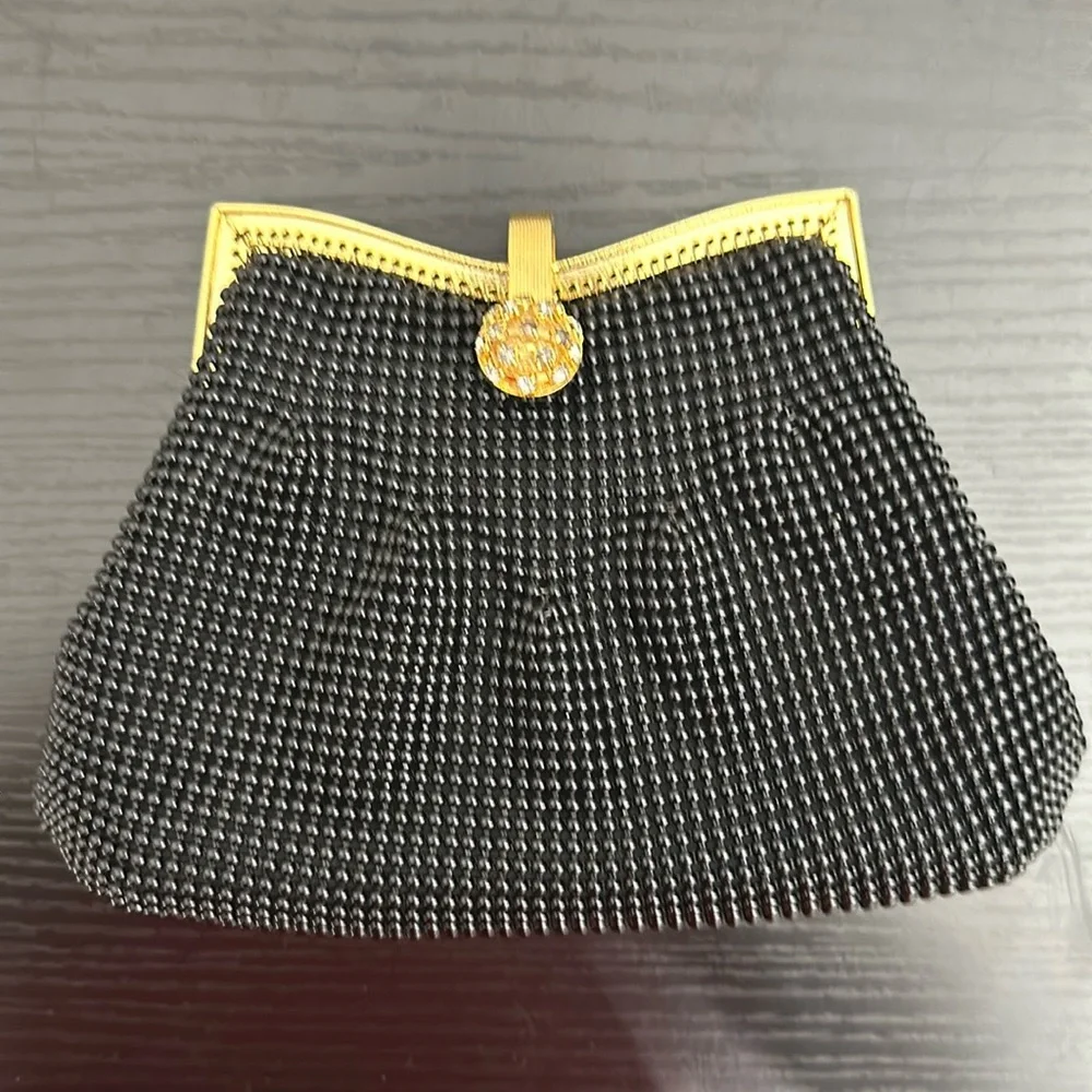 Black Ball Mesh Gold Hardware Rhinestone Clasp Clutch Purse Optional Chain Strap